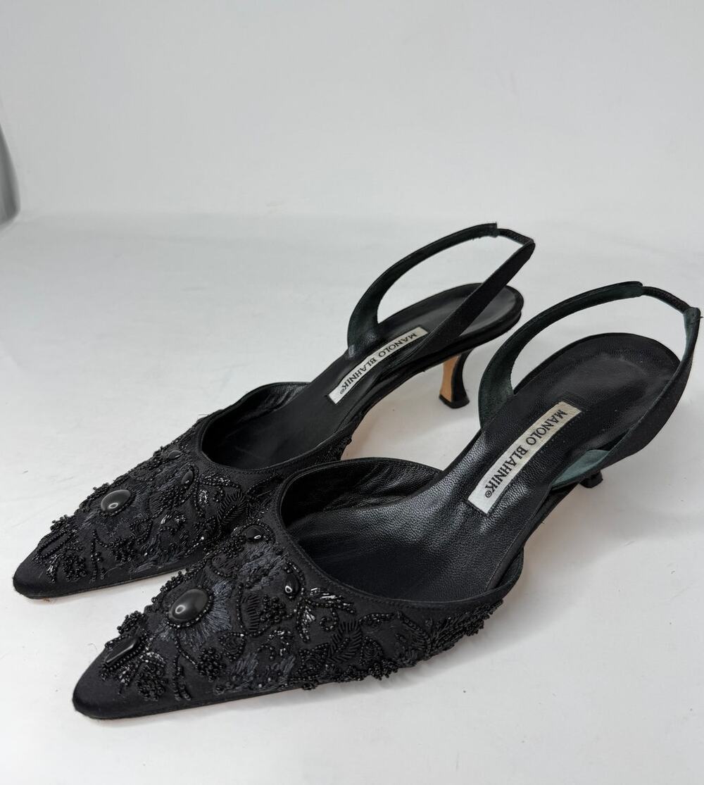 Manolo Blahnik Black Embellished Satin Slingback Sz.10 (40)